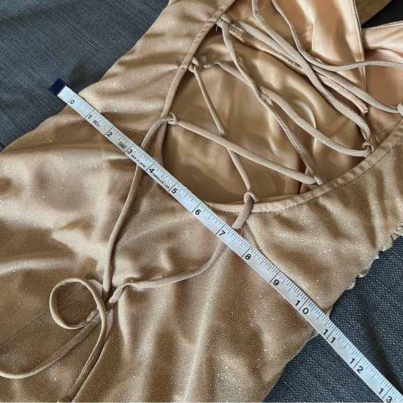 Gold Sparkle Glitter Shimmer Floor Length Gown Dress w. Halter, Lace-Up Back - Picture 10 of 12